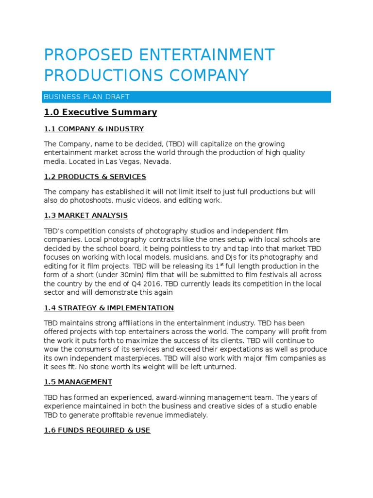 Business Plan For A Media Production Co PDF Film Industry Revenue