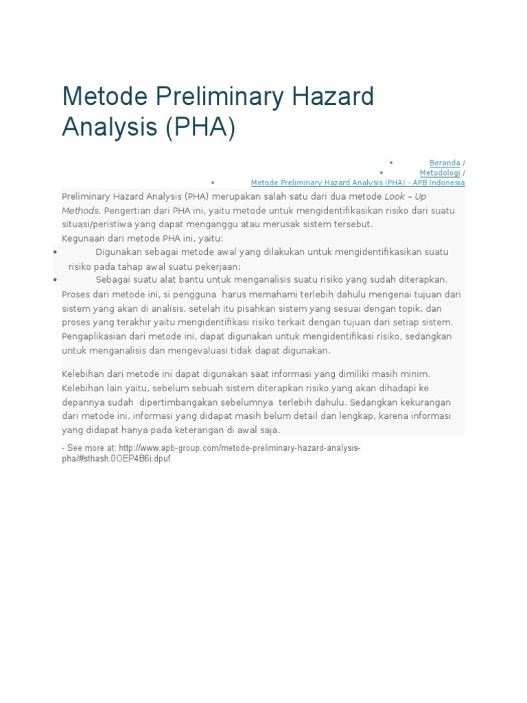 Metode Preliminary Hazard Analysis (PHA) | PDF