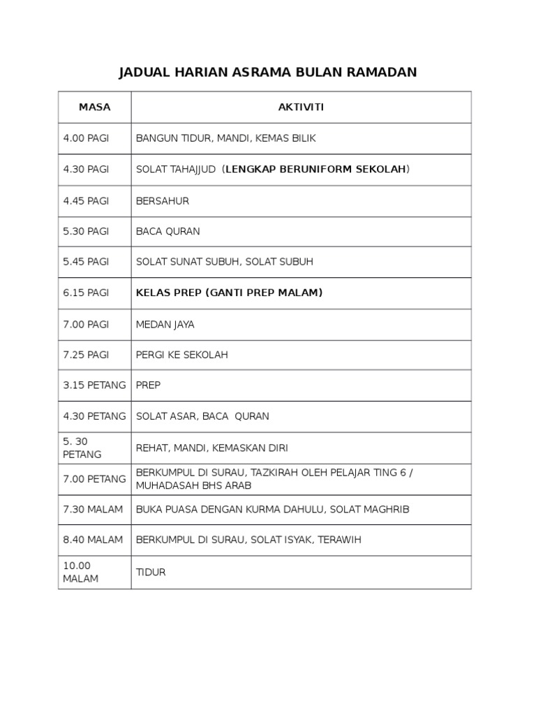 Jadual Asrama Bulan Ramadhan Pdf