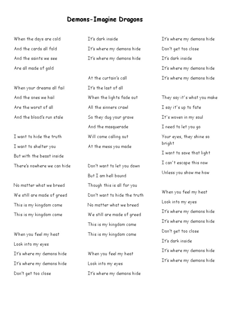 Demons Lyrics - Imagine Dragons | PDF