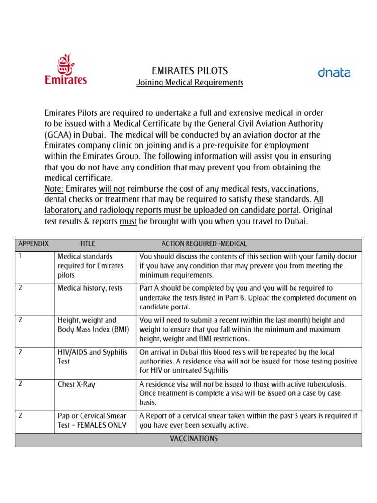 Emirates Pilot Medical Requirements Guide | PDF | Travel Visa ...