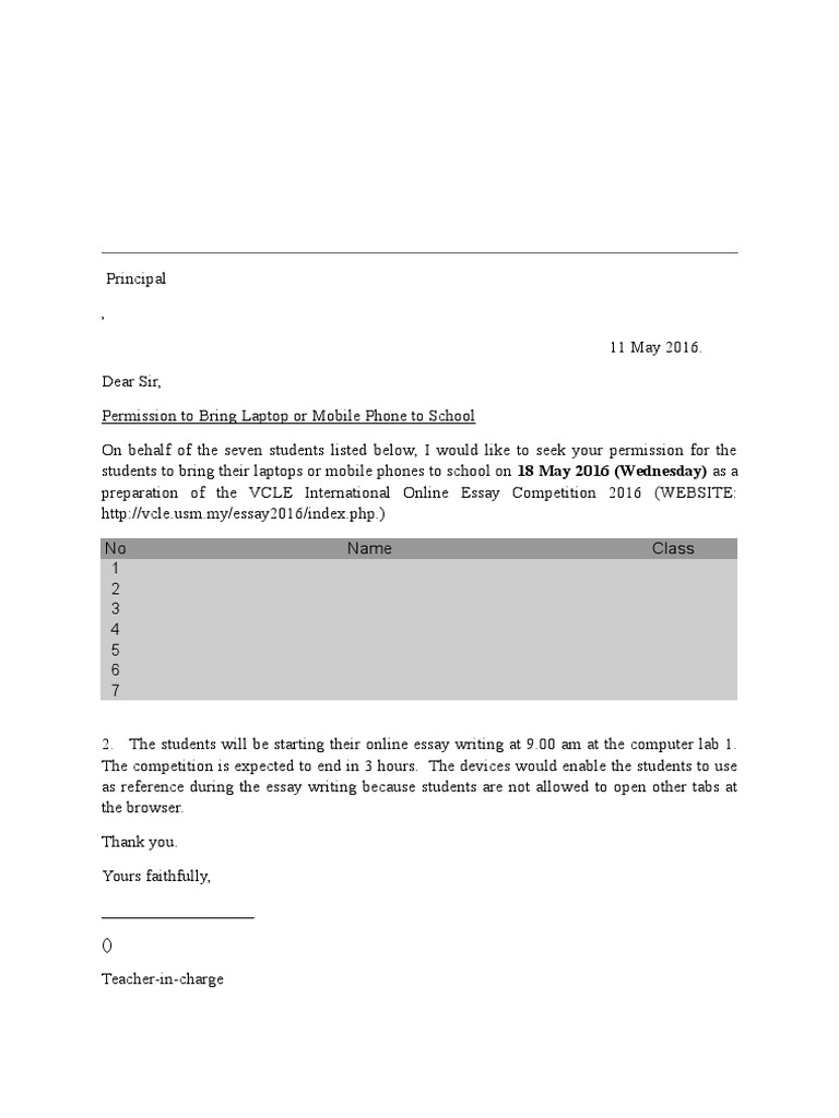 Permission To Bring Laptop Mobile Phone To School TEMPLATE PDF