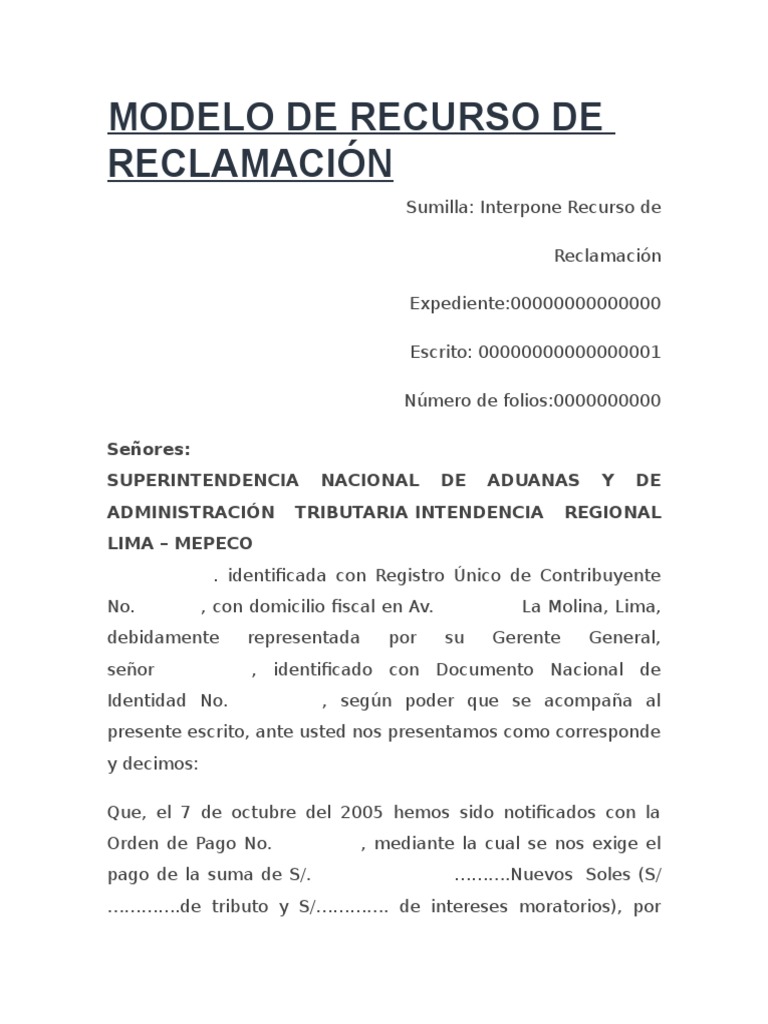 Modelo 1 Recurso de Reclamacion Sunat  Pagos  Gobierno