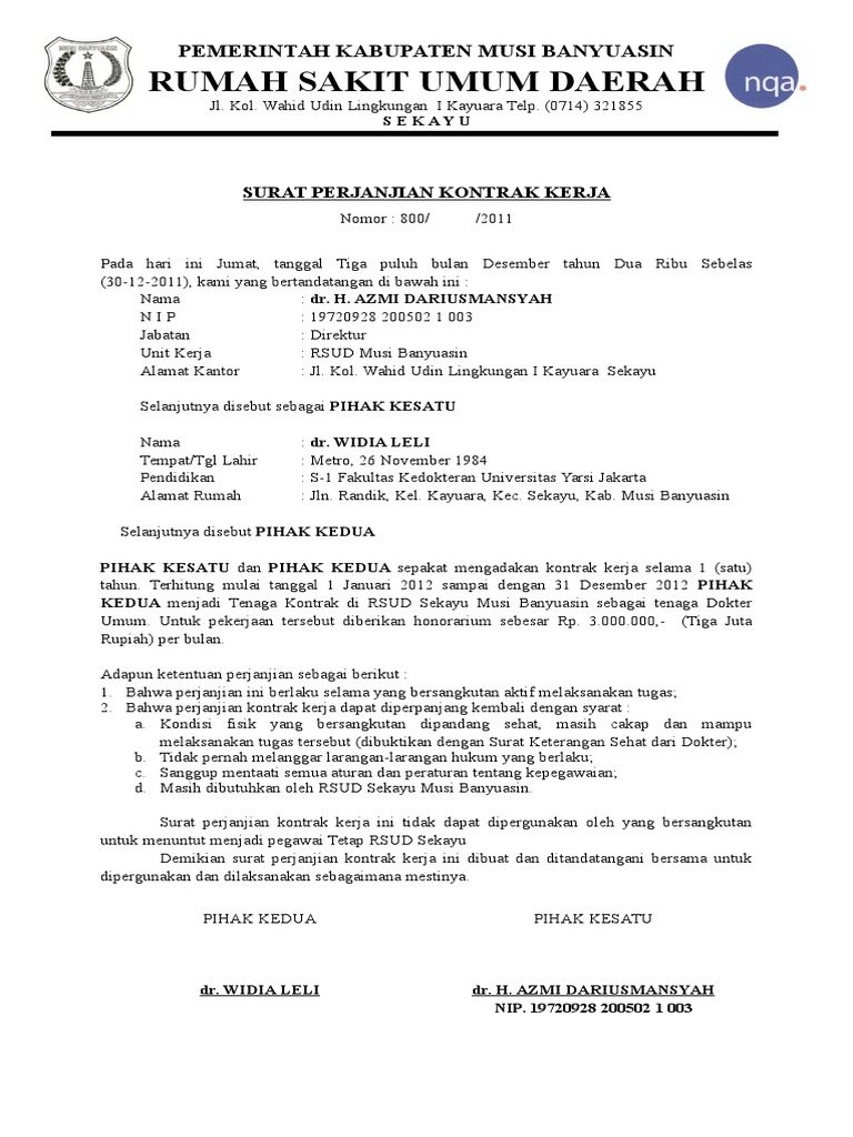 Surat Perjanjian Tenaga Kontrak. Dokter Umum Docx