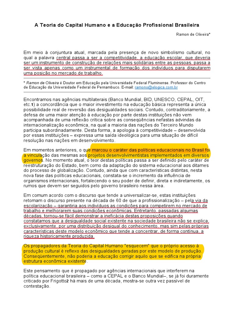 A Teoria Do Capital Humano e Educação Profissional Brasileira | PDF