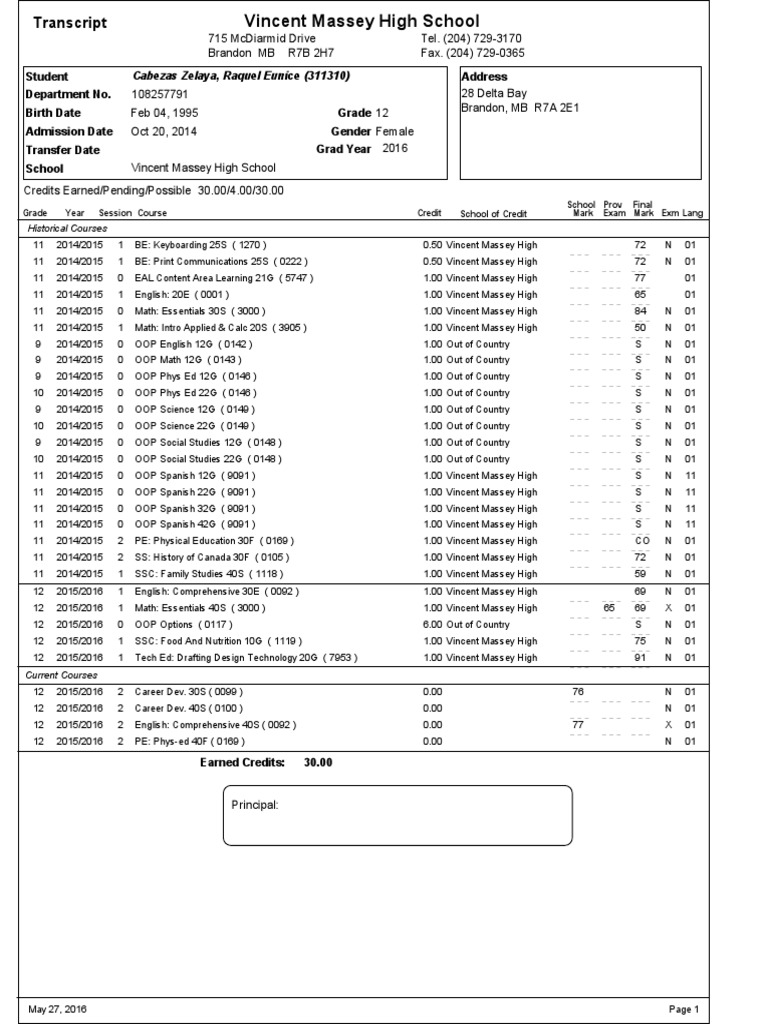 Vincent Massey High School Transcript | PDF