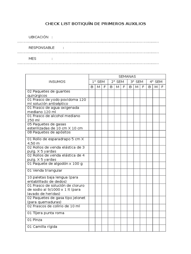 Checklist Botiquín de Primeros Auxilios | PDF | Cocina, comidas y vino ...
