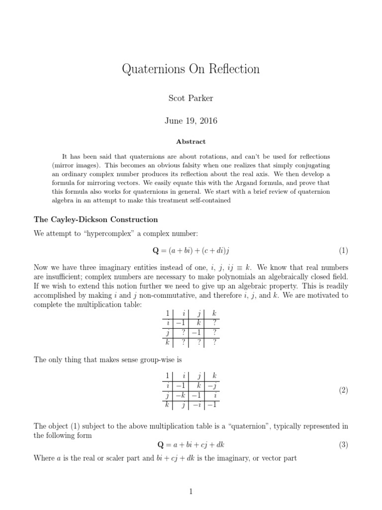 Quaternions On Reflection | PDF | Complex Number | Euclidean Vector