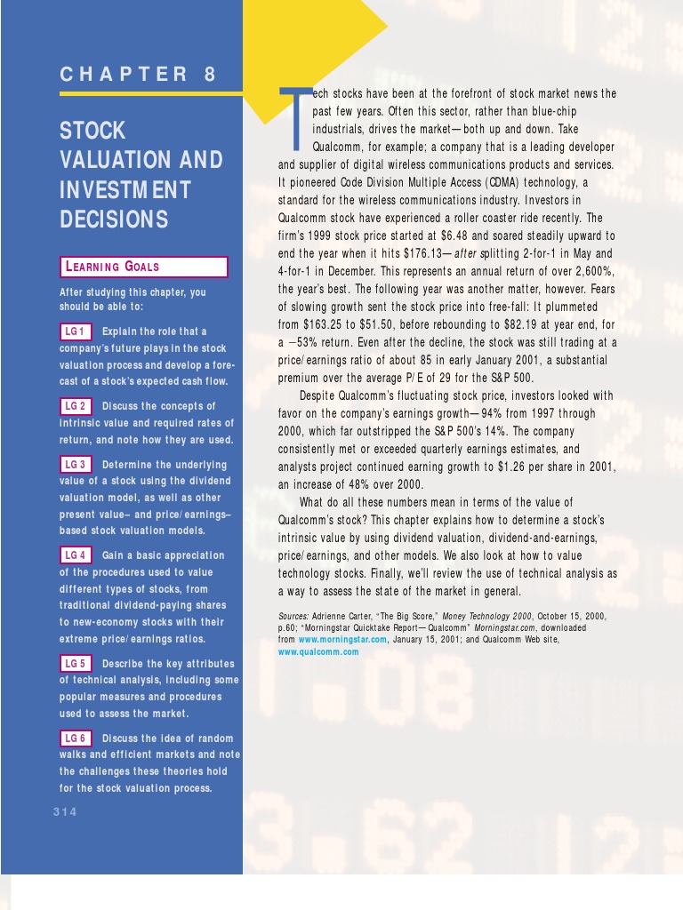 Stock Valuation and Investment Decisions Chapter 8 - Cfa | PDF | Stock  Valuation | Price–Earnings Ratio