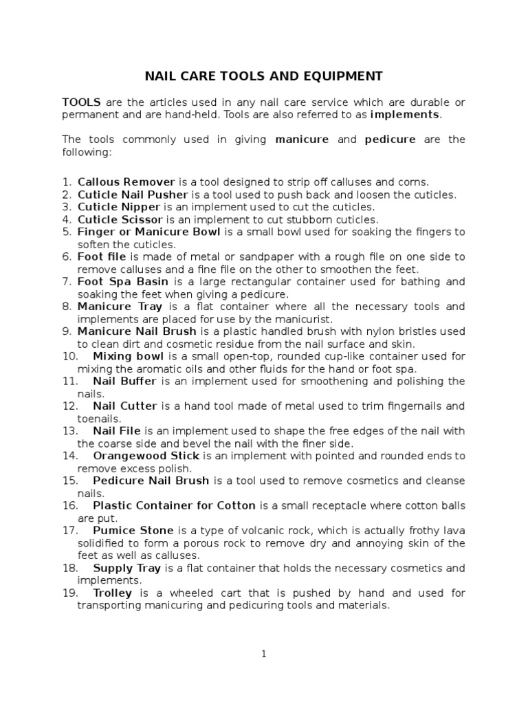 Nail Care Tools and Equipment.docx Nail (Anatomy) Chair