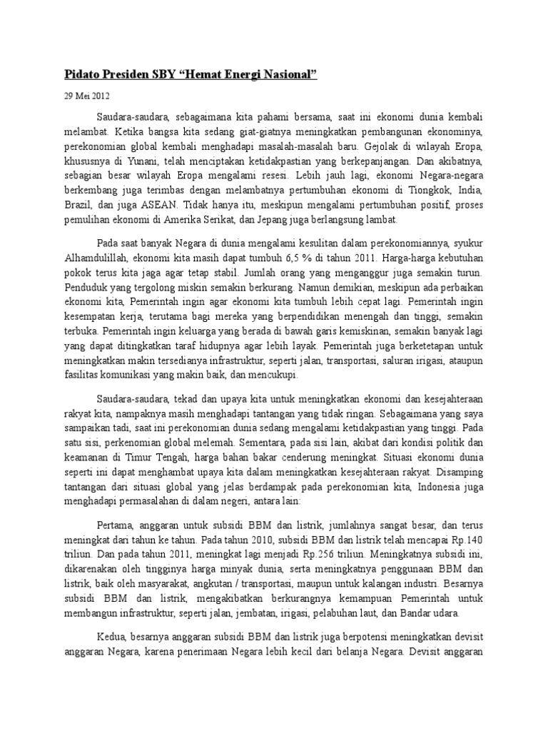 Pidato Sby Hemat Energi Nasional