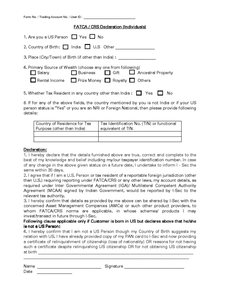 FATCA/CRS Declaration for Individuals | PDF | Identity Document | Taxes