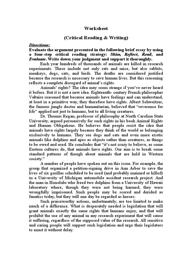 Worksheet Critical Reading Writing PDF Animal Rights Truth