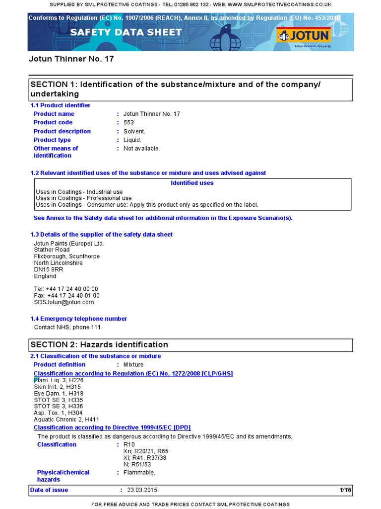 MSDS Jotun Thinner 17 Toxicity Personal Protective Equipment
