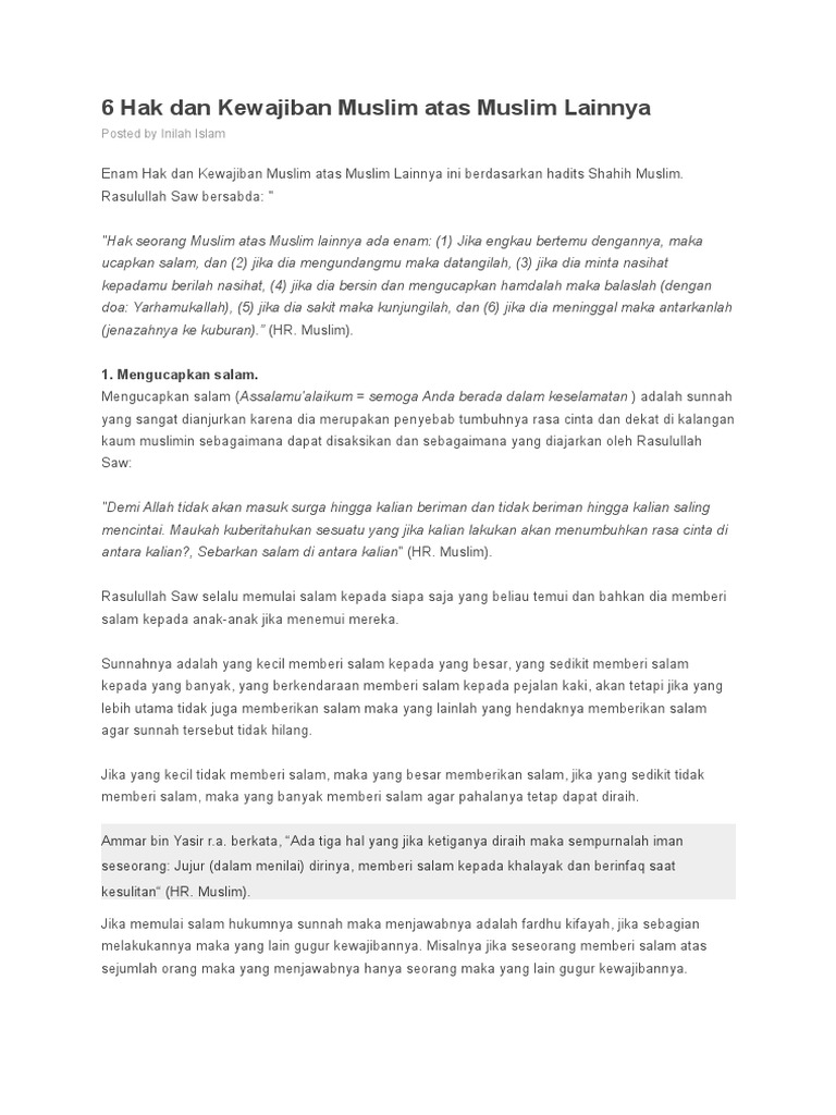 6 Hak Dan Kewajiban Muslim Atas Muslim Lainnya Pdf