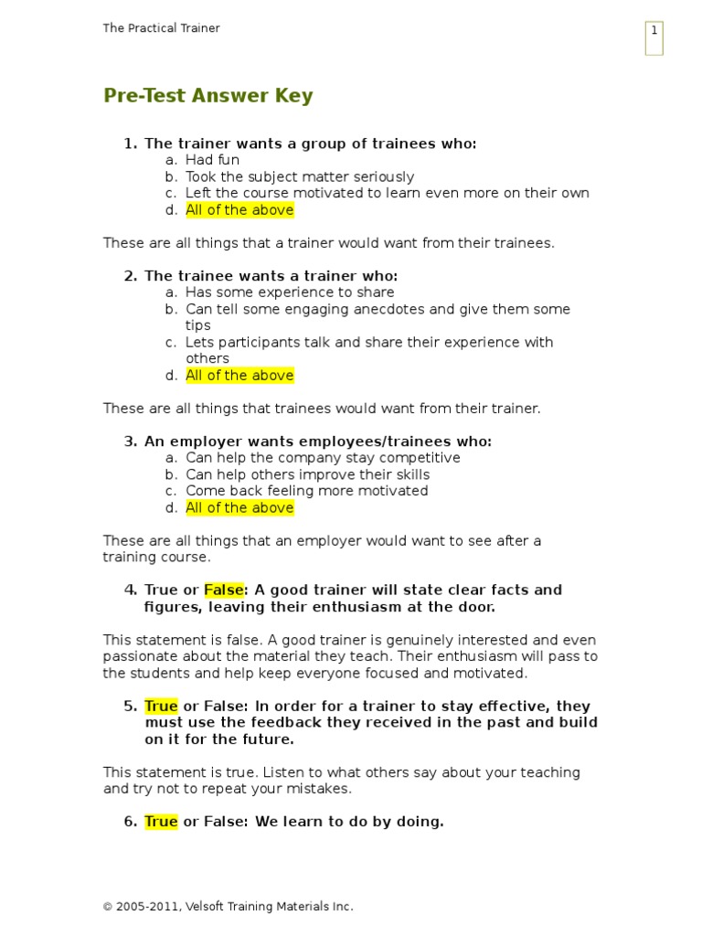 PreTest Answer Key PDF Teaching Applied Psychology