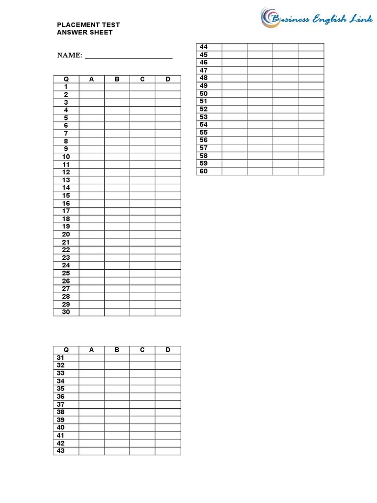 NAME: - : Placement Test Answer Sheet 44 45 46 47 48 49 50 51 52 53 54 ...