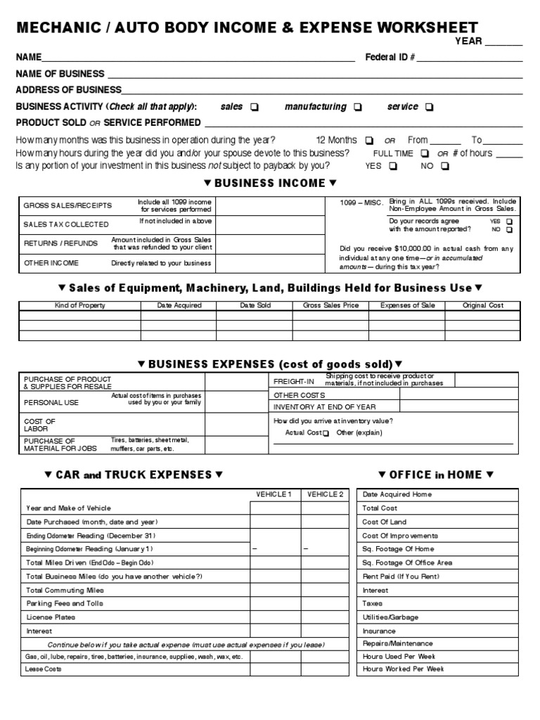 Mechanic Income and Expense Worksheet PDF | PDF | Expense | Fee
