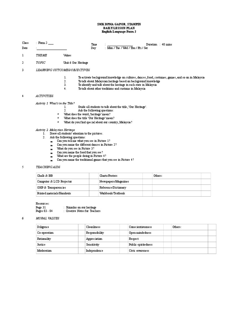 Form 2 English Lesson Plan: Malaysian Heritage | PDF | Foreign Language ...