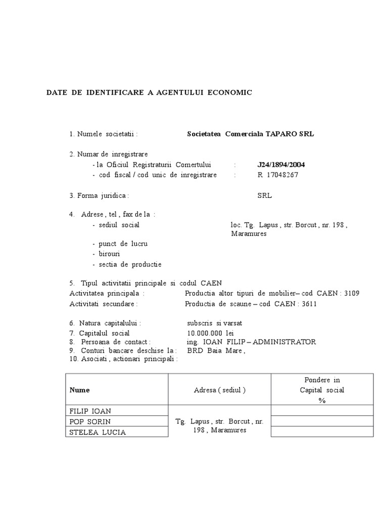 Date De Identificare A Agentului Economic 1