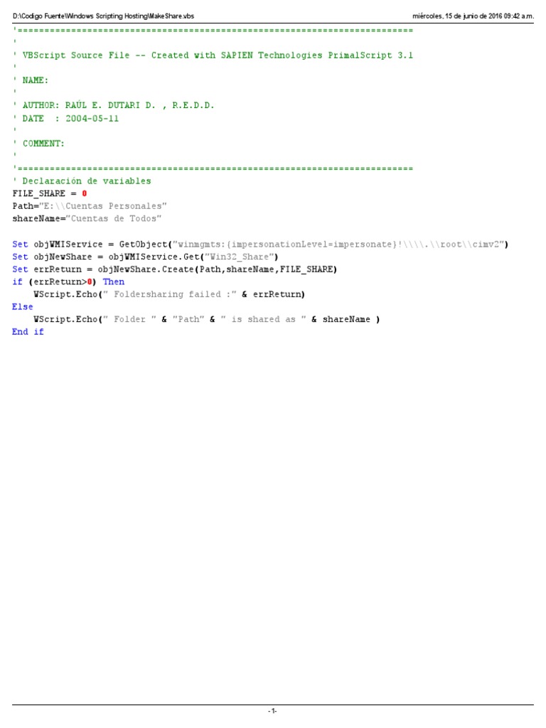 VBScript for Folder Sharing Setup | PDF