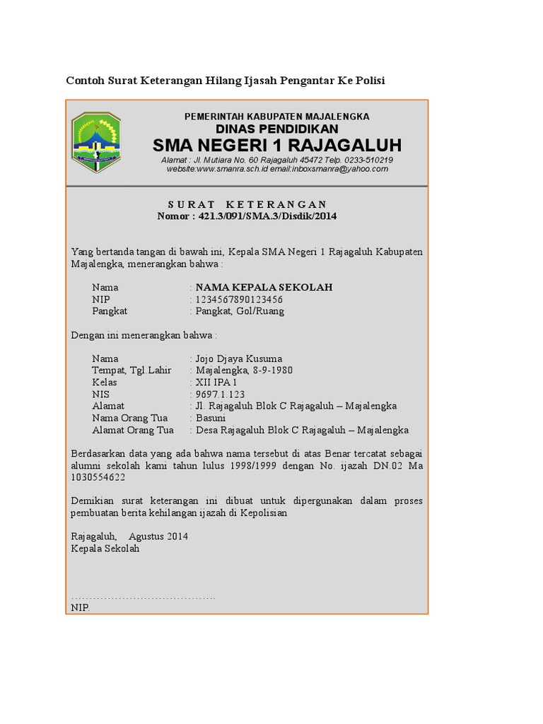 Contoh Surat Keterangan Hilang Ijasah Pengantar Ke Polisi
