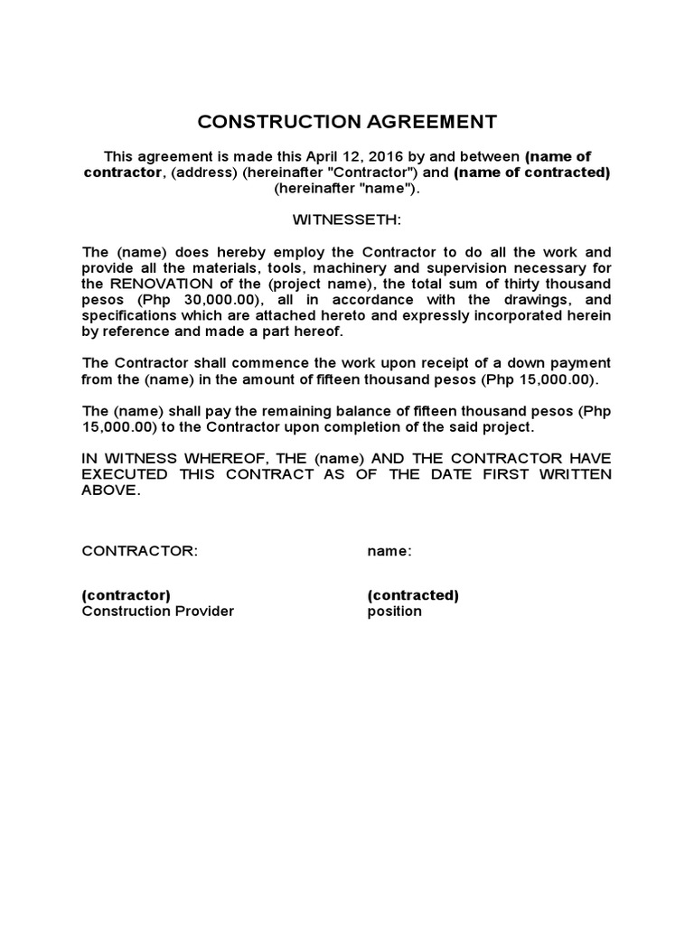 Construction Agreement Format | PDF