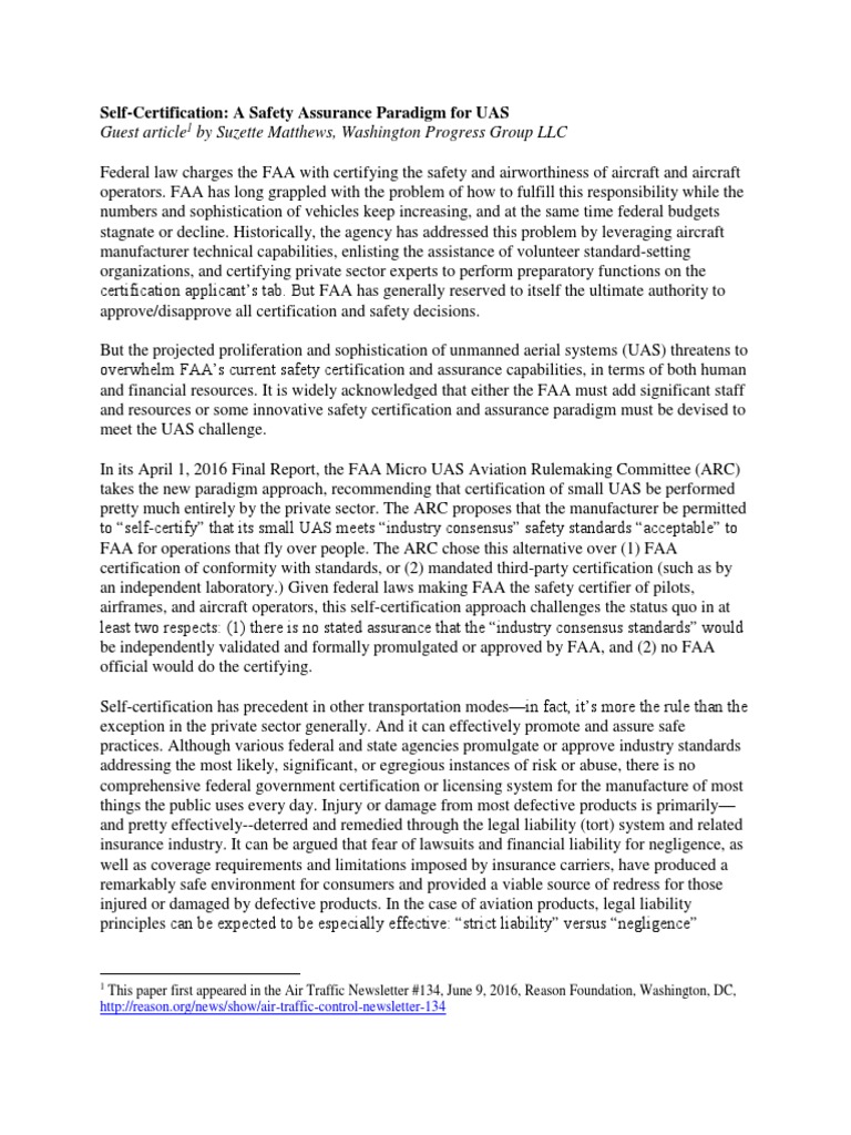 Self-Certification for UAS Safety Assurance | PDF | Product Liability ...