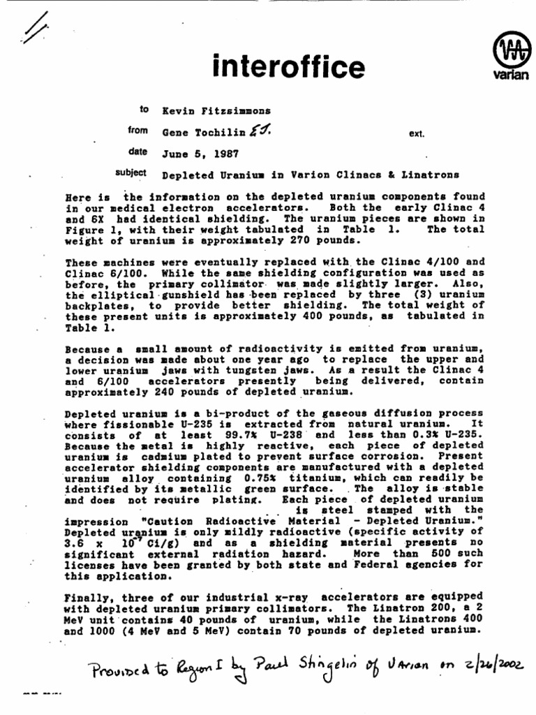 Depleted Uranium in Varian Clinacs & Linatrons Uranium Tungsten
