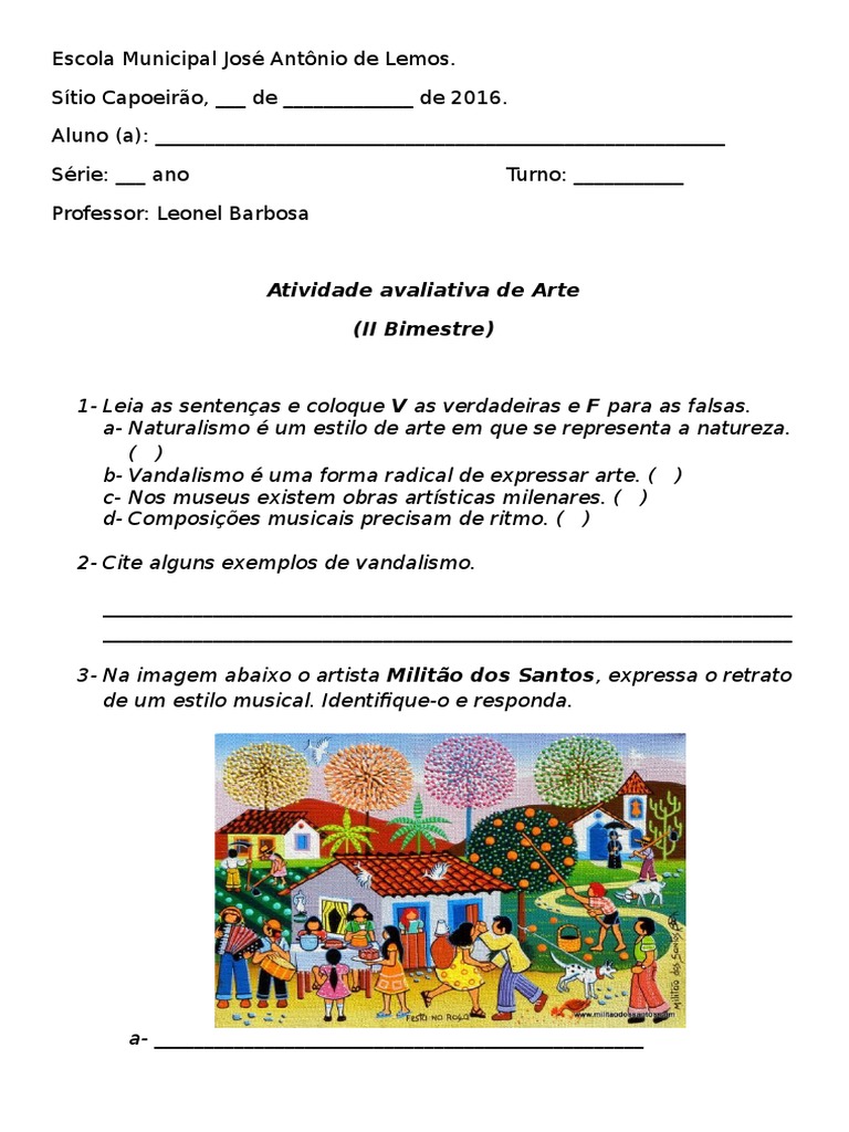 Atividade Avaliativa de Arte 5º Ano | PDF