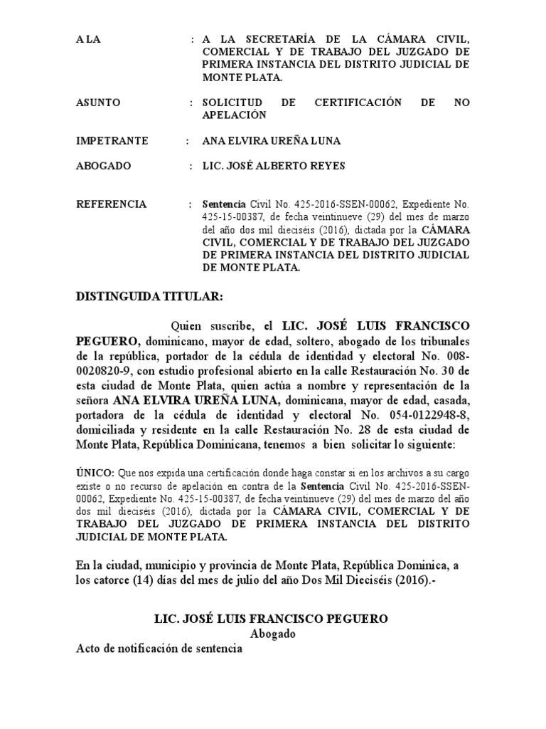 Solicitud de Certificacion de No Apelacion Jose Luis Francisco | PDF ...