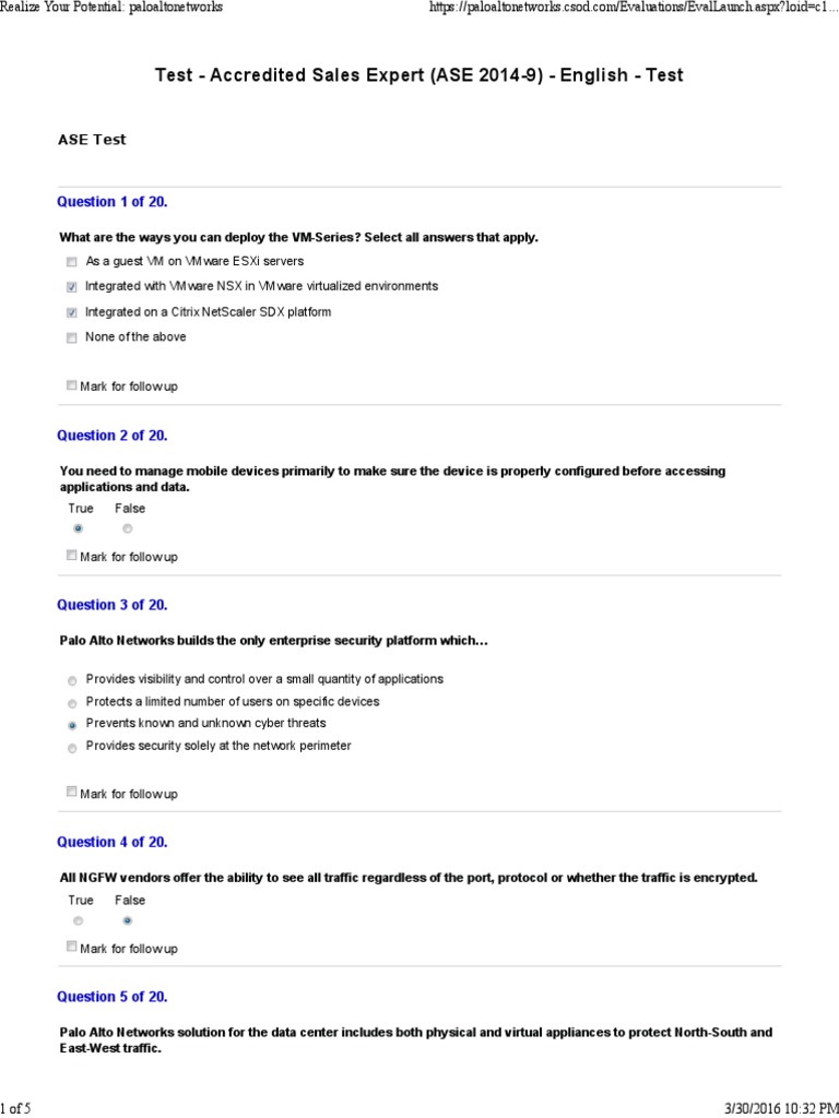 ASE Test for Palo Alto Networks | PDF | Computer Security | Security
