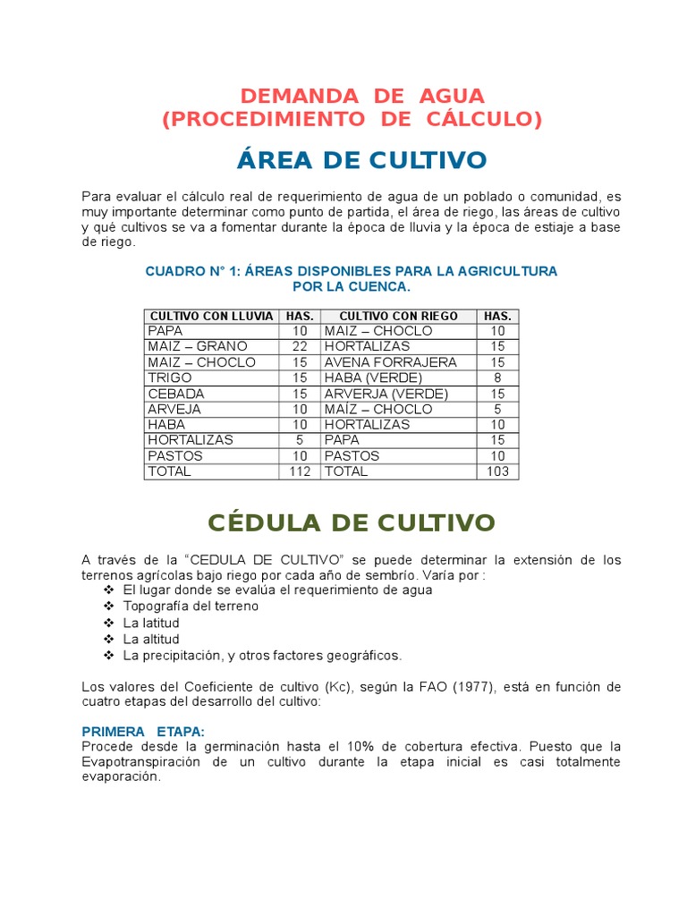 Cálculo de Demanda de Agua para Cultivos | PDF | Evapotranspiración | Agua