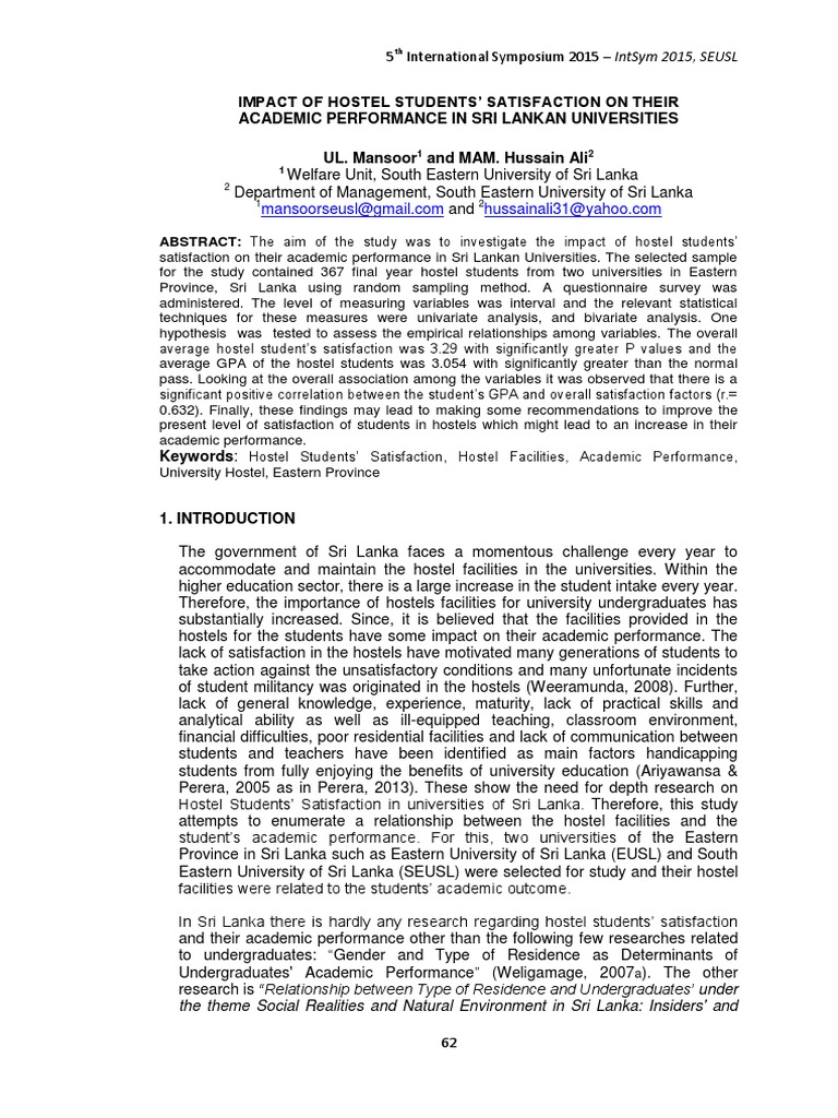 Impact of Hostel Students' Satisfaction On Their | PDF | Statistical ...