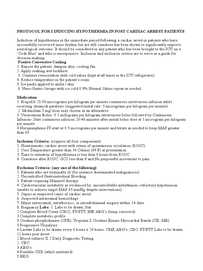 Hypothermia Protocol for ICU Patients | PDF | Cardiac Arrest | Hypothermia