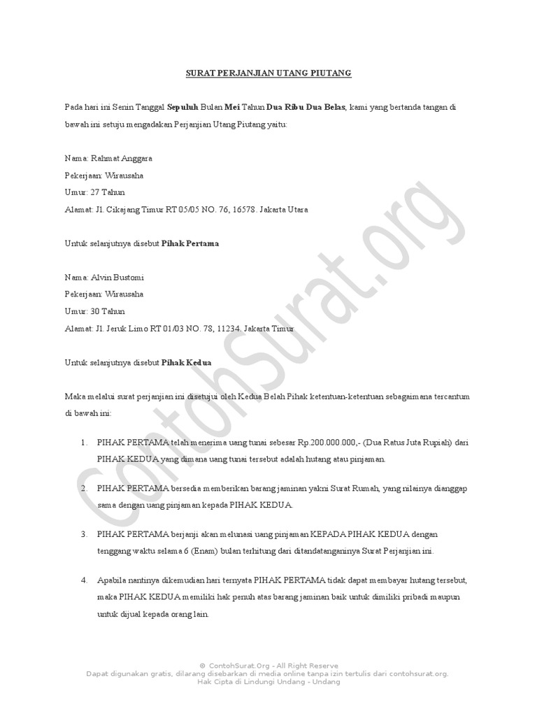 Contohsuratorg Contoh Surat Perjanjian Hutang 01