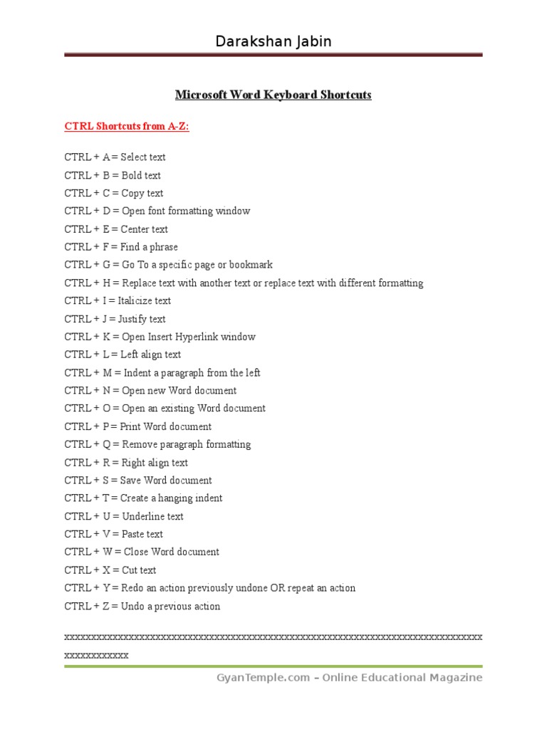 Microsoft Word Keyboard Shortcuts Guide | PDF | Microsoft Word | Html