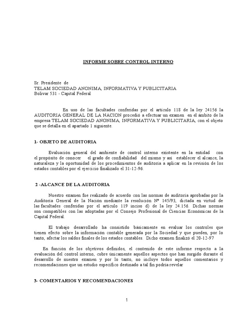 Informe de Control Interno Ejemplo | PDF