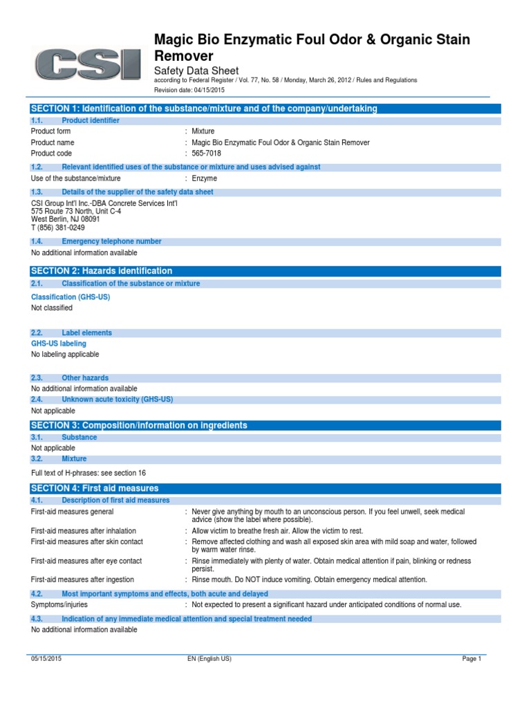 565 7018 Magic Bio Enzymatic Foul Odor Organic Stain Remover SDS