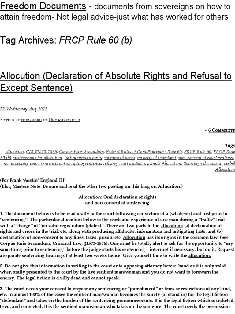 FRCP Rule 60 (b) Allolqution Freedom Documents Federal Rules Of