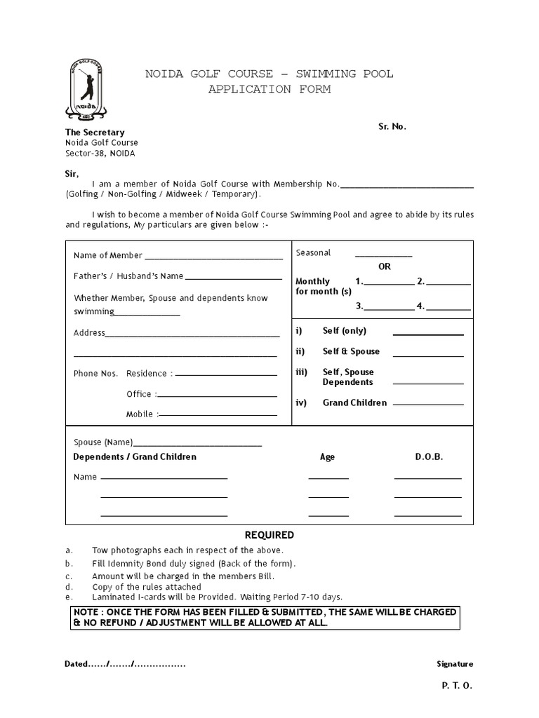 Noida Golf Course - Swimming Pool Application Form | PDF