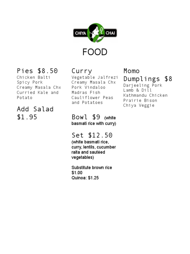 Chiya Chai Menu Food | PDF