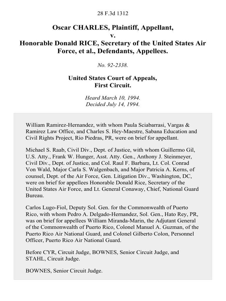 Charles v. Rice, Secretary USAF, 28 F.3d 1312, 1st Cir. (1994) | PDF ...