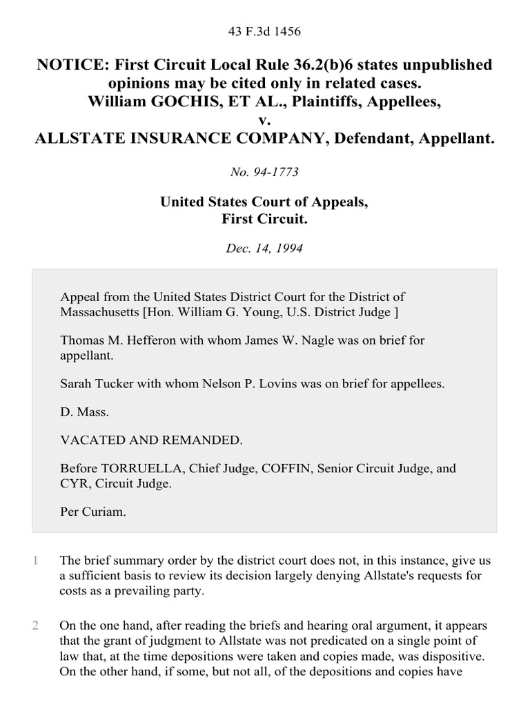Gochis v. All State Insurance, 43 F.3d 1456, 1st Cir. (1994) | PDF ...