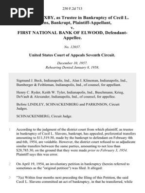Richard E. Bixby, as Trustee in Bankruptcy of Cecil L. Slavens, Bankrupt v. First National Bank of Elwood, 250 F.2d 713, 1st Cir. (1958)
