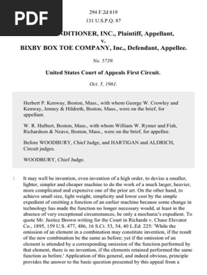 Shu-Conditioner, Inc. v. Bixby Box Toe Company, Inc., 294 F.2d 819, 1st Cir. (1961)