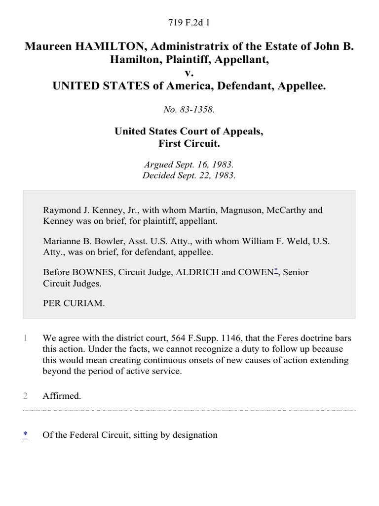 Feres Doctrine Bars Hamilton v. U.S. Appeal | PDF | Law | Politics