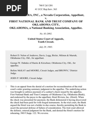 Hotel Riviera, Inc., a Nevada Corporation v. First National Bank and Trust Company of Oklahoma City, Oklahoma, a National Banking Association, 768 F.2d 1201, 1st Cir. (1985)
