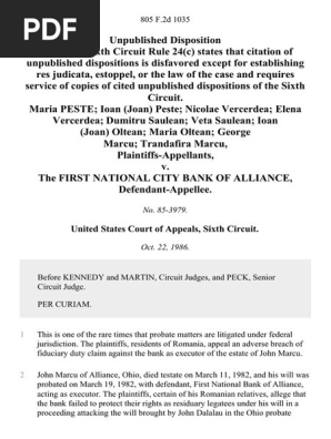Maria Peste Ioan Joan Peste Nicolae Vercerdea Elena Vercerdea Dumitru Saulean Veta Saulean Ioan Joan Oltean Maria Oltean George Marcu Trandafira Marcu V The First National City Bank Of Alliance 805 F 2d