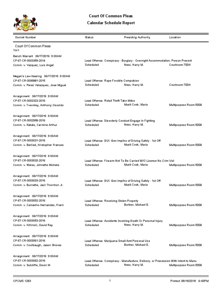 York County Court Schedule 6/17 | PDF